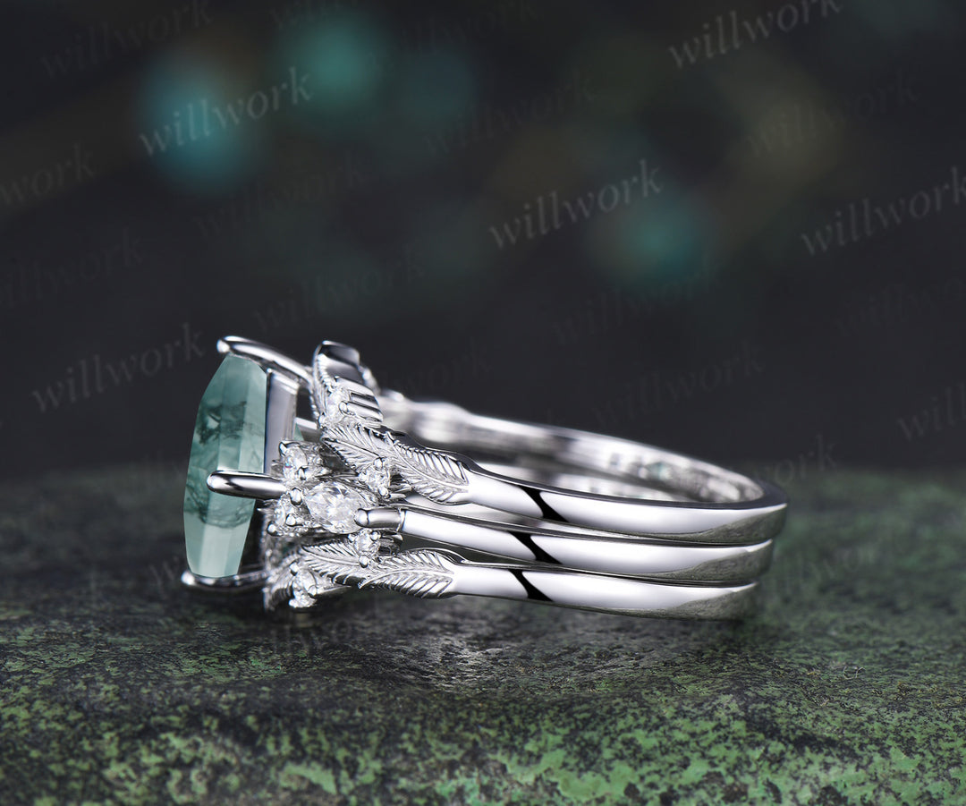 Princess cut natural moss agate engagement ring set moissanite accent leaf matching band unique bridal set