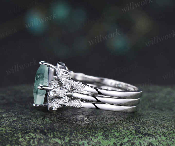 Princess cut natural moss agate engagement ring set moissanite accent leaf matching band unique bridal set