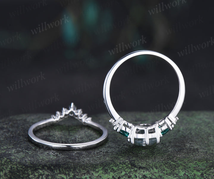 Unique round moss agate engagement ring set five stone pear emeralds moissanite accent ring curved matching band
