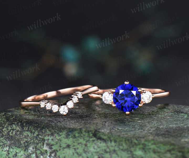 Round cut blue sapphire engagement ring set three stone sapphire moissanite promise ring curved wedding band minimalist bridal set