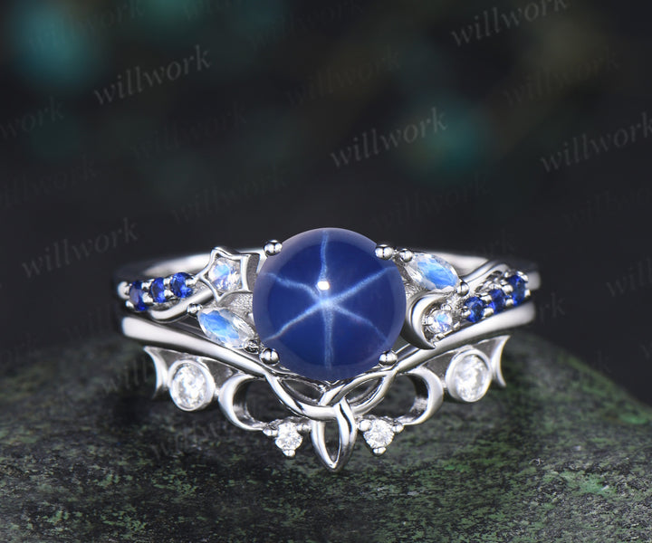 7mm round star sapphire engagement ring set moon star moonstone sapphire ring celtic knot wedding band bridal set