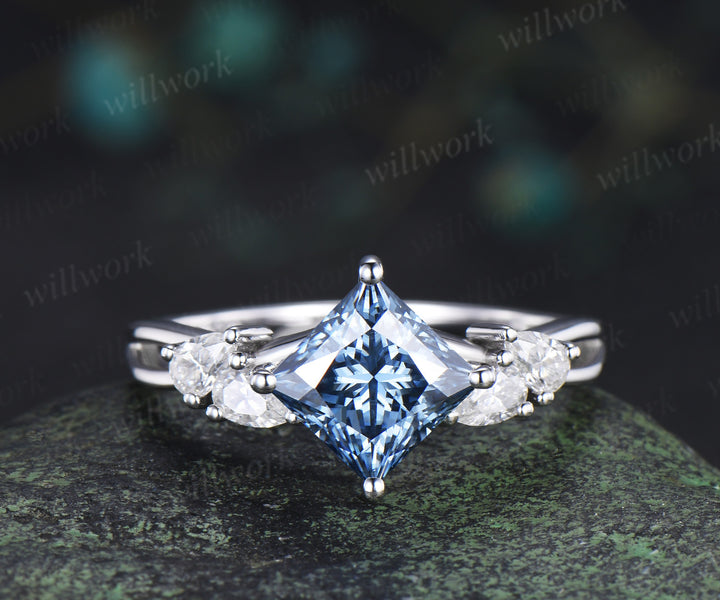 Princess cut blue moissanite engagement ring pear moissanite cluster split shank ring gifts for women