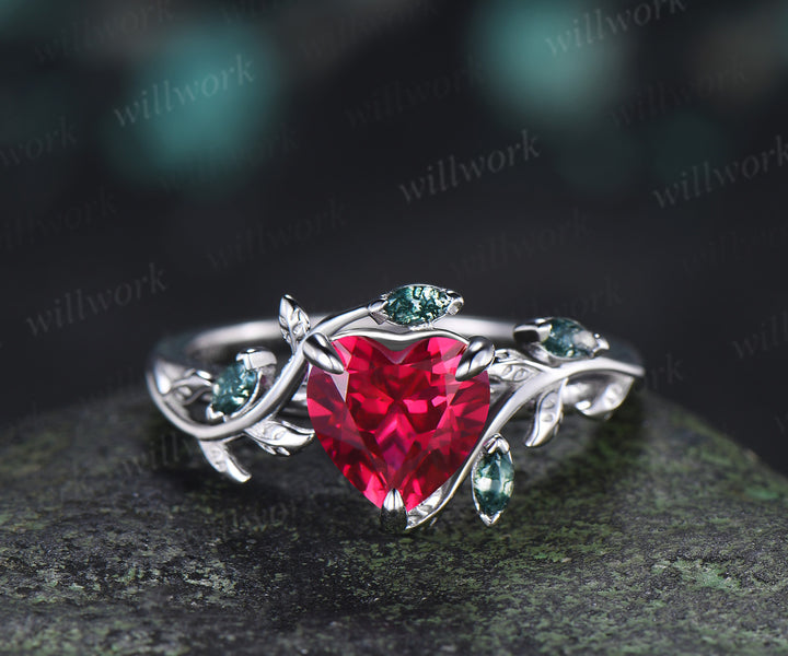 Heart Ruby Moss Agate Leaf Vine Ring Set Nature Twig Leaf Promise Ring Emerald Moss Agate Enhancer Band Unique Bridal Set