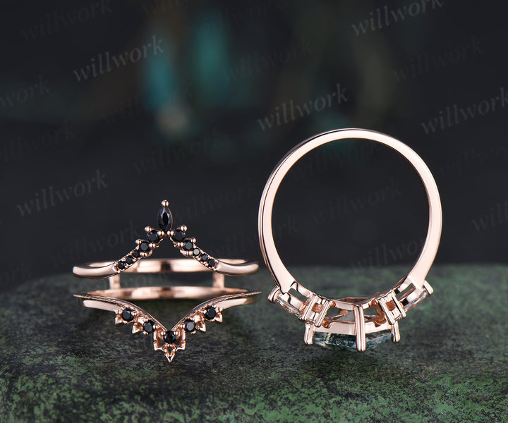 Princess cut moss agate ring set green moss agate marquise moissanite ring unique black spinel band enhancer wrap enchanting bridal set