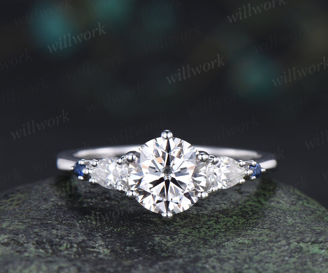 Round Cut Lab Grown Diamond Ring Set Five Stone Sapphire Accents Promise Ring Wedding Bridal Set