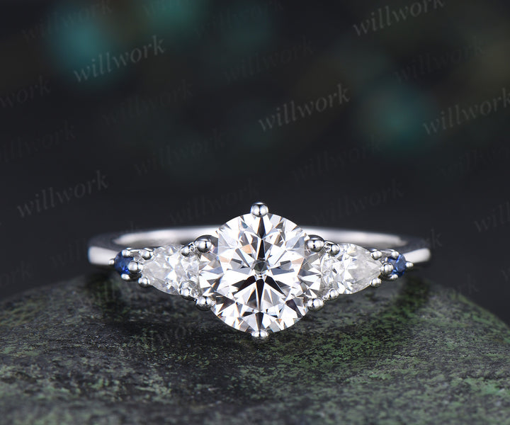 Round Cut Lab Grown Diamond Ring Set Five Stone Sapphire Accents Promise Ring Wedding Bridal Set