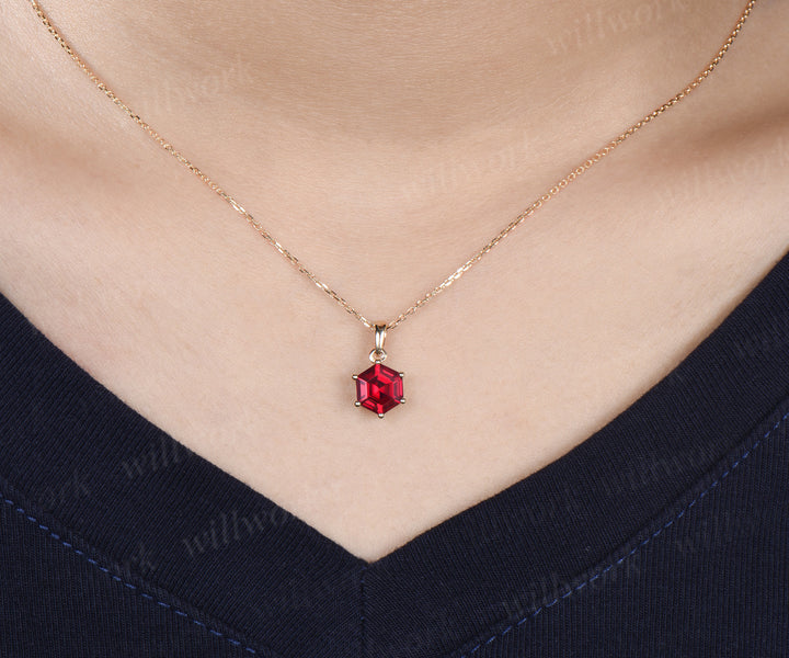 Unique hexagon ruby necklace minimalism red ruby pendant necklace July birthstone gifts for her