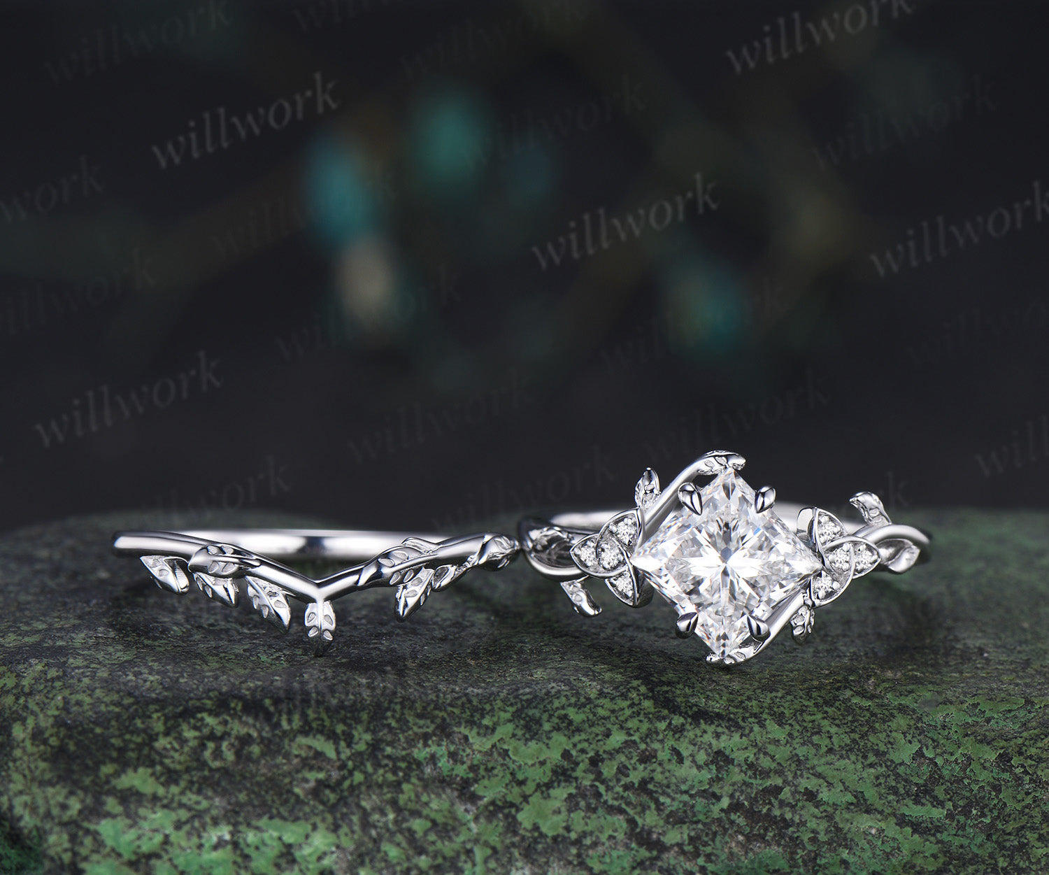 Princess cut lab grown diamond engagement ring leaf twig celtic