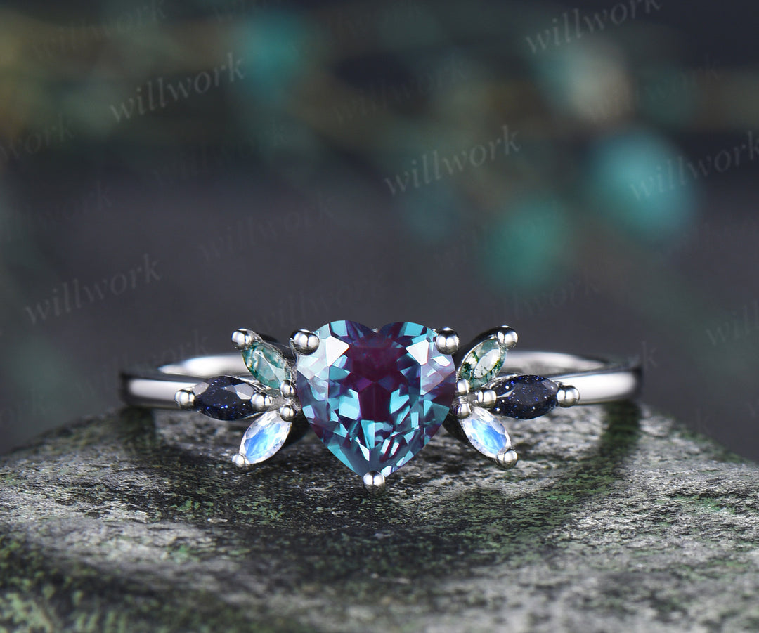 Heart shaped alexandrite ring set vintage blue sandstone moss agate moonstone cluster ring curved matching band bridal set