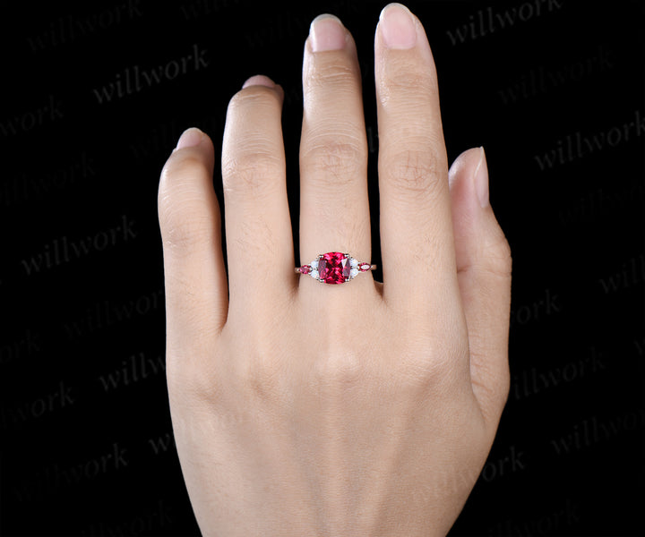 Cushion cut red ruby engagement ring 14k white gold 4 prongs seven stone ring opal marquise ruby bridal ring July birthstone jewelry gifts