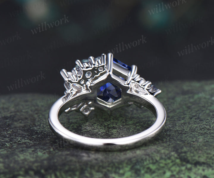 Hexagon cut blue sapphire engagement ring unique cluster alexandrite marquise moissanite bridal wedding ring
