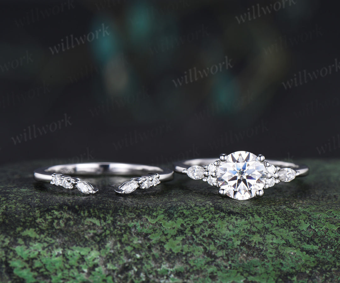 Round cut IGI Lab grown diamond engagement ring set solid 14k 18k white gold seven stone ring open gap wedding band timeless bridal set