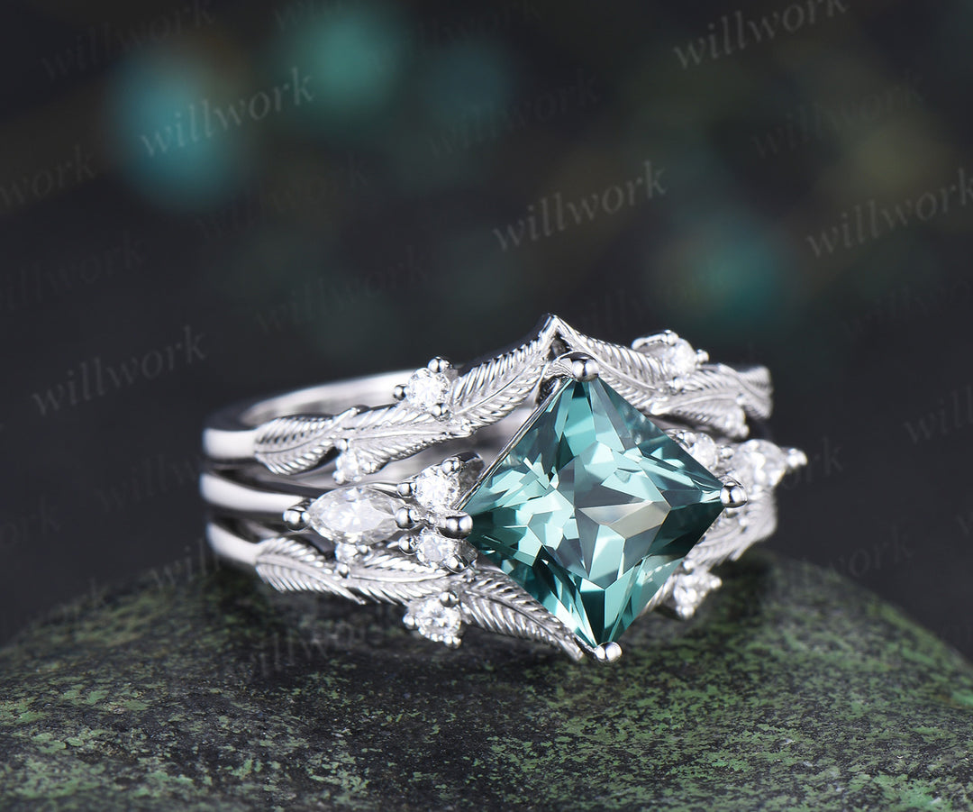 Princess cut green sapphire engagement ring set elegant bridal set moissanite accent leaf matching band
