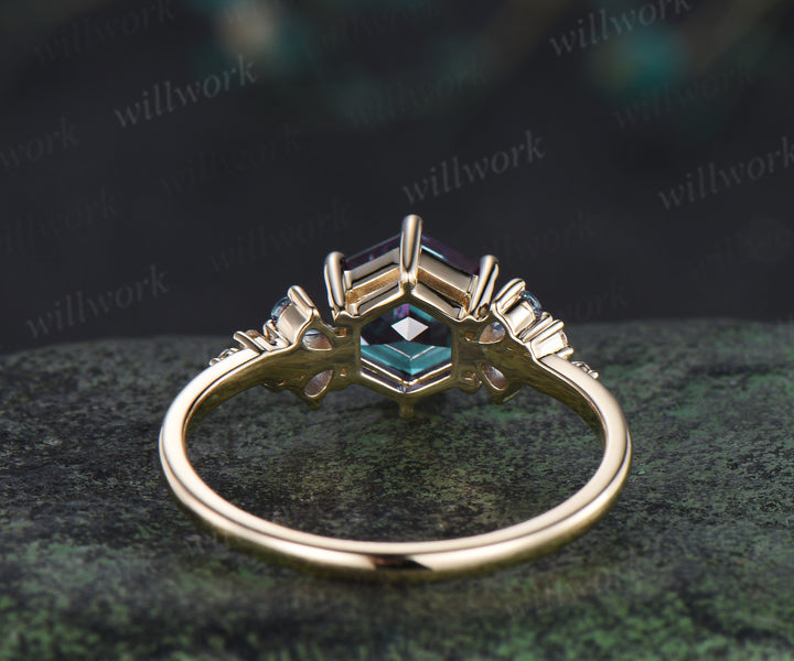 Hexagon cut alexandrite engagement ring unique pear alexandrite moissanite cluster ring solid yellow gold promise ring for women