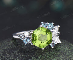 Hexagon cut peridot engagement ring cluster alexandrite marquise moissanite bridal ring gifts for women