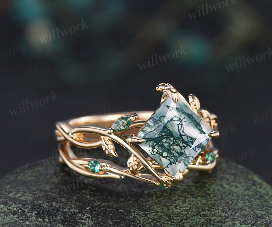 Vintage Princess cut moss agate ring set leaf marquise moss agate infinity ring branch emerald wedding band bridal set