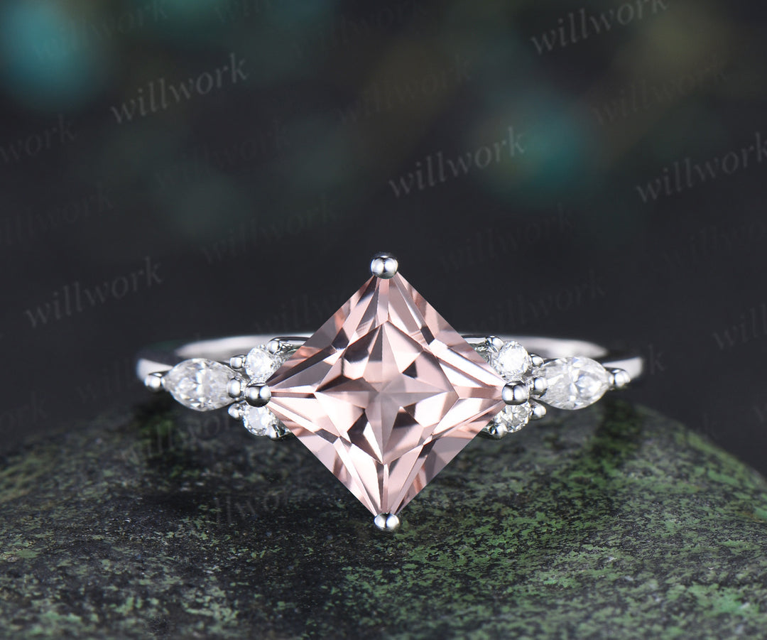 Princess cut natural morganite engagement ring set moissanite accent leaf matching band wedding bridal set