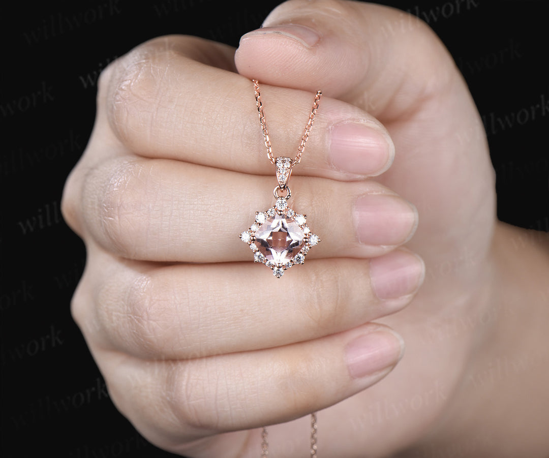 Vintage cushion cut morganite necklace unique diamond halo pendant necklace jewelry gifts