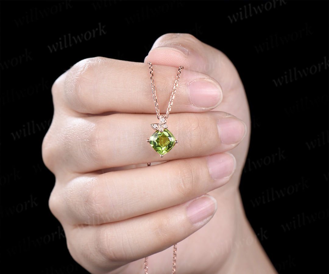 Cushion cut peridot moissanite pendant necklace unique butterfly solid 14k rose gold necklace August birthstone jewelry gifts