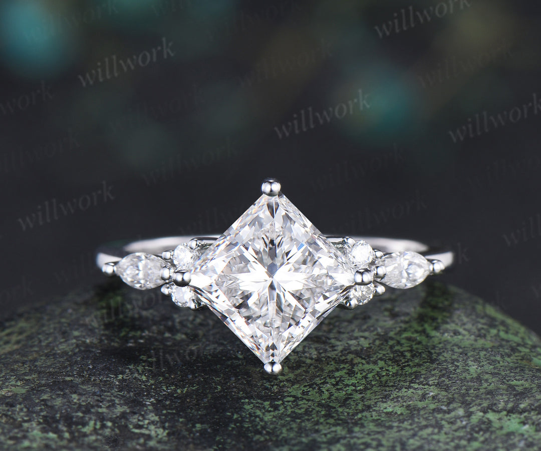 Vintage princess cut Lab grown diamond engagement ring set diamond accent leaf matching ring bridal set