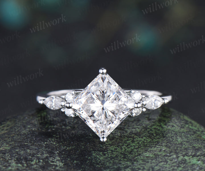 Vintage princess cut Lab grown diamond engagement ring set diamond accent leaf matching ring bridal set