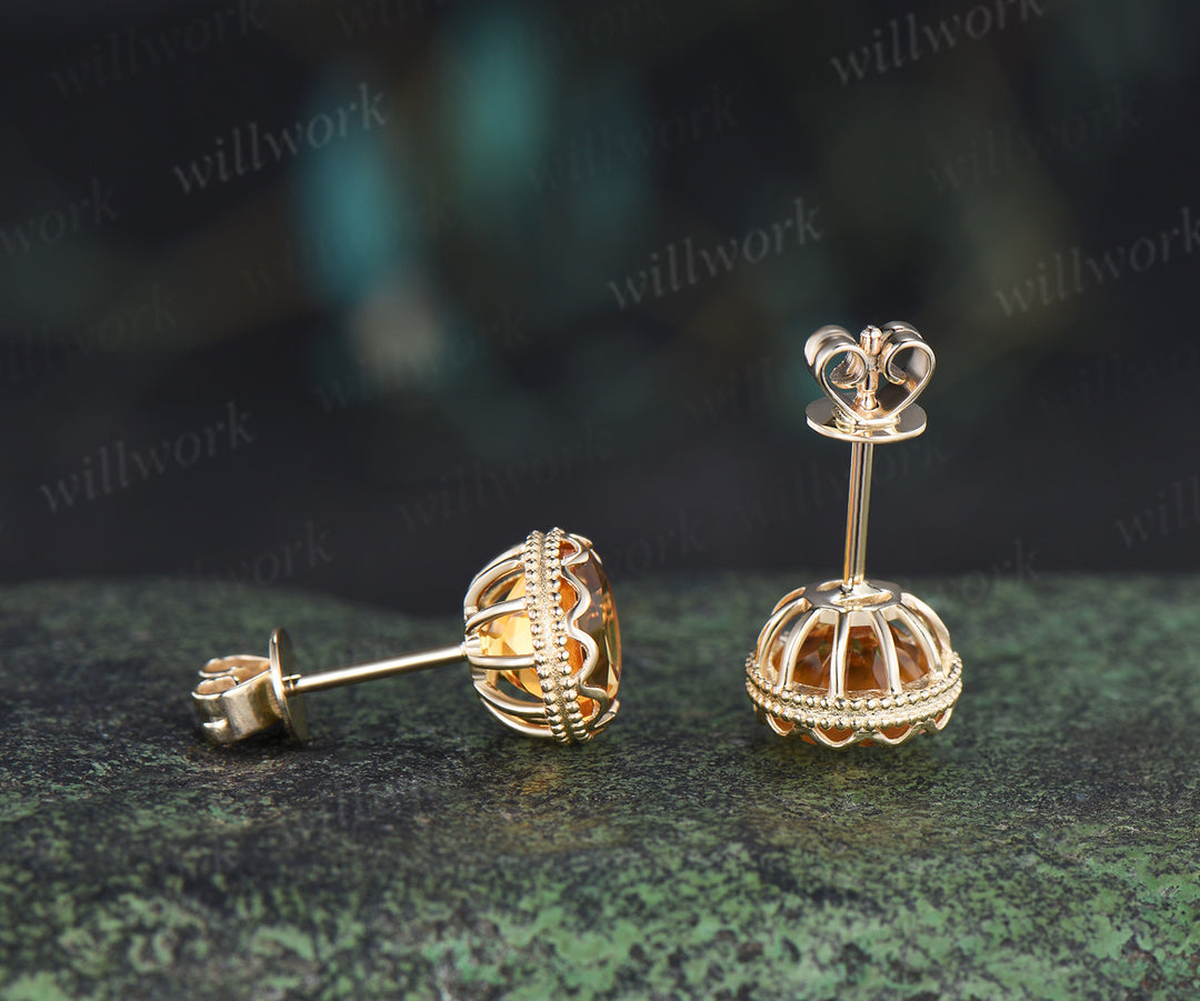 Vintage round citrine stud earrings bezel milgrain elegant earrings November jewelry gifts