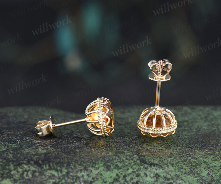 Vintage round citrine stud earrings bezel milgrain elegant earrings November jewelry gifts