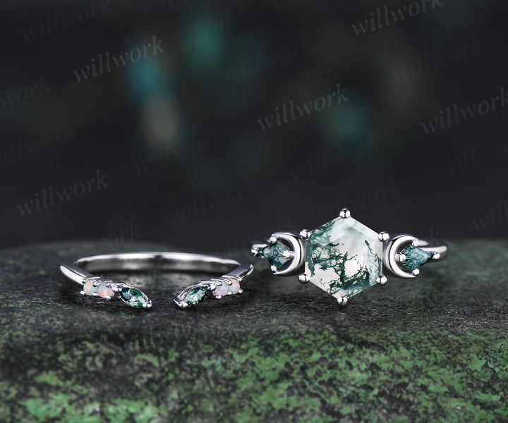 Hexagon cut moss agate engagement ring set three-stone art deco kite moss agate ring opal open gap wedding band