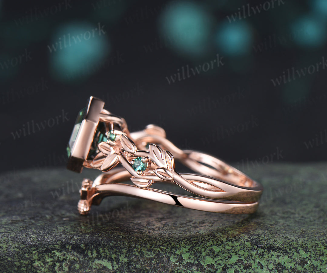 Hexagon cut green sapphire ring set leaf twig emerald promise ring tiny bee curved band unique bridal set