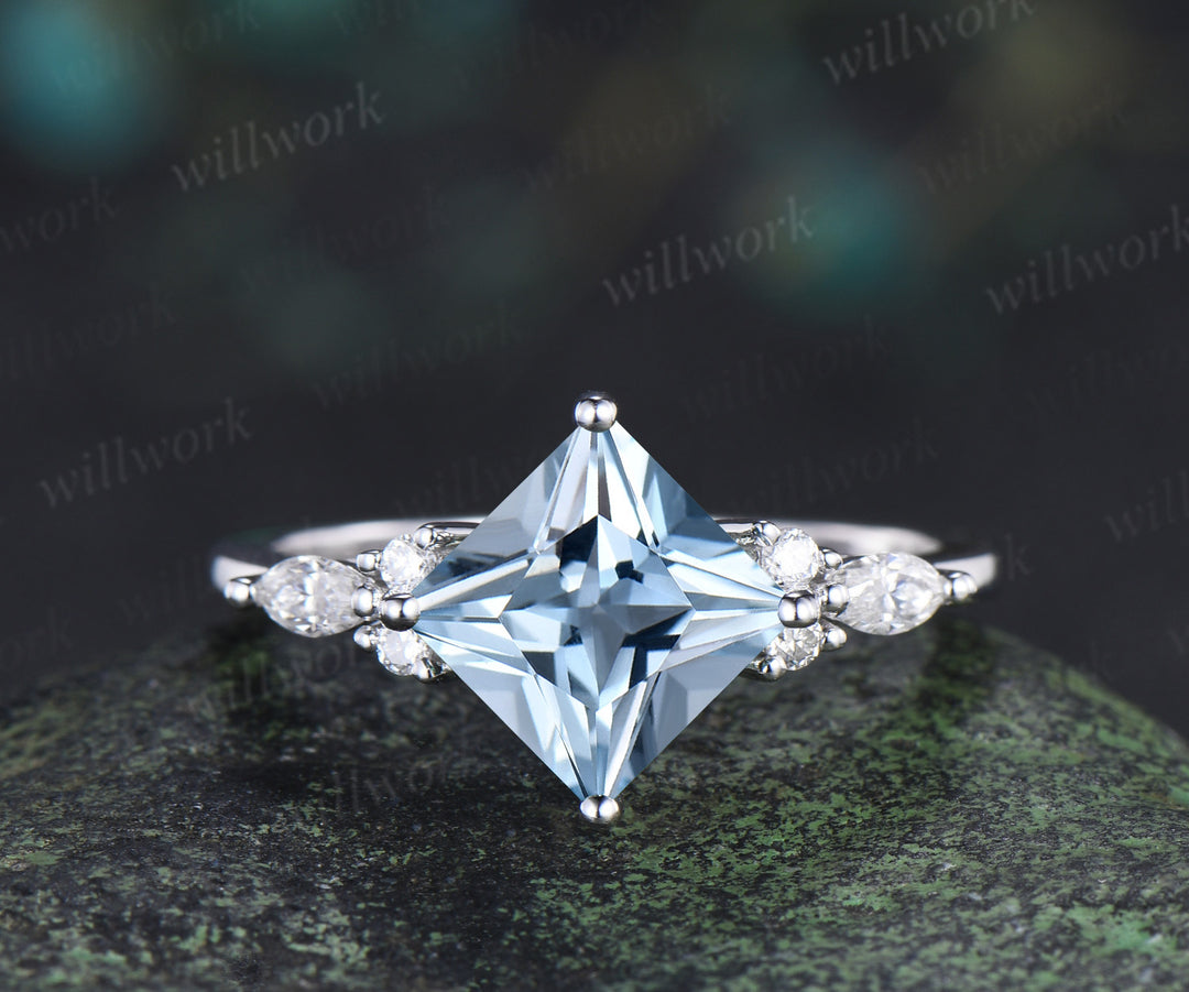 Princess cut natural aquamarine engagement ring set moissanite accent leaf matching band unique bridal set