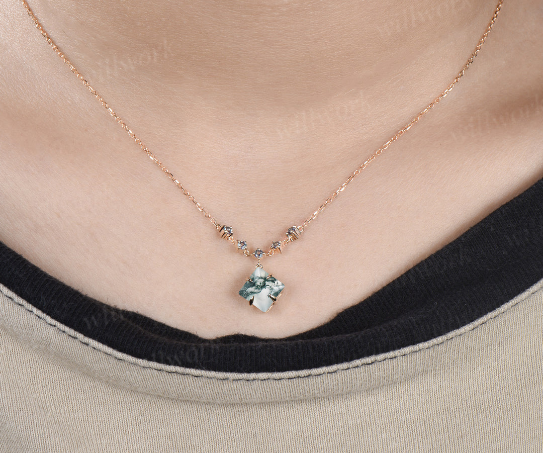 Princess cut moss agate necklace with alexandrite accents unique green gemstone pendant gifts