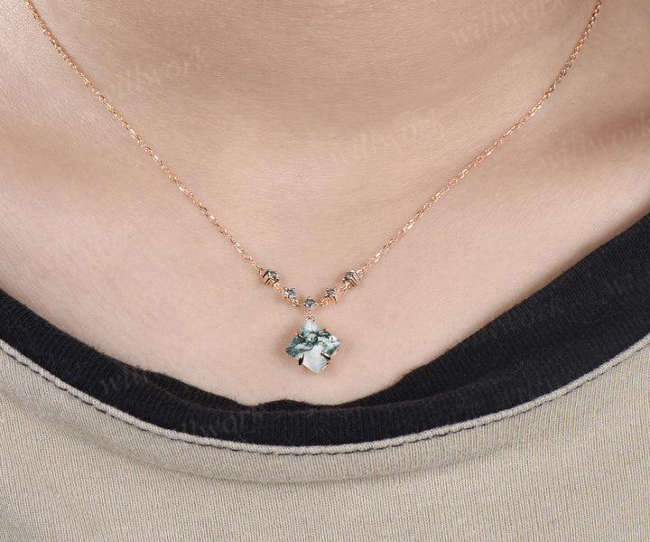 Princess cut moss agate necklace with alexandrite accents unique green gemstone pendant gifts