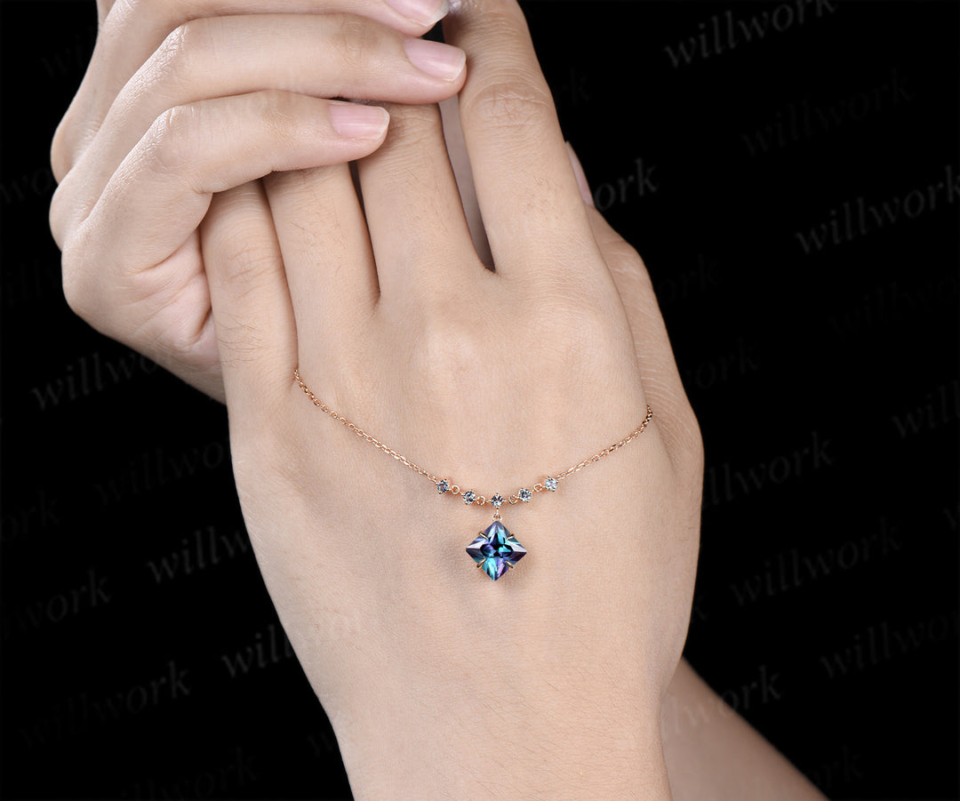 Princess cut alexandrite necklace unique color change gemstone pendant June birthstone gifts for women