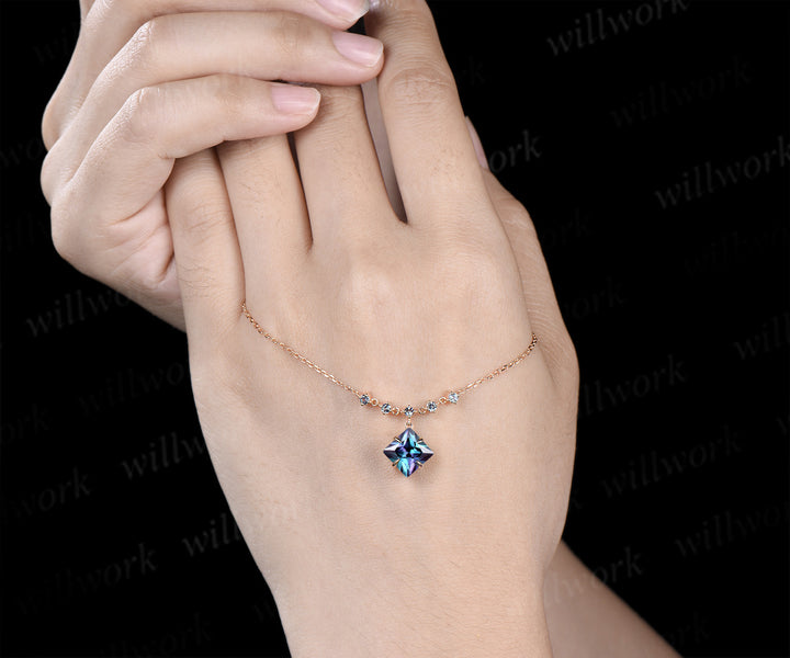 Princess cut alexandrite necklace unique color change gemstone pendant June birthstone gifts for women