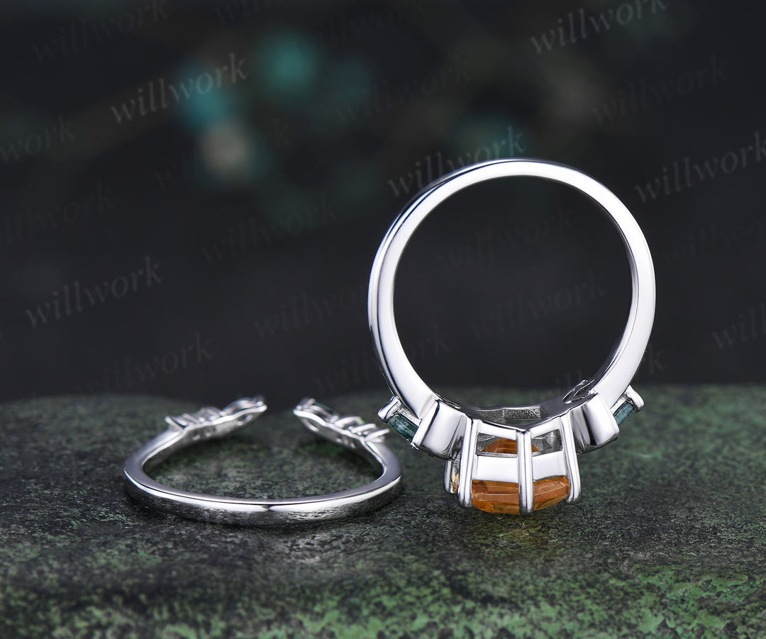 Hexagon cut moss agate engagement ring set three-stone art deco moon kite moss agate ring open gap wedding band