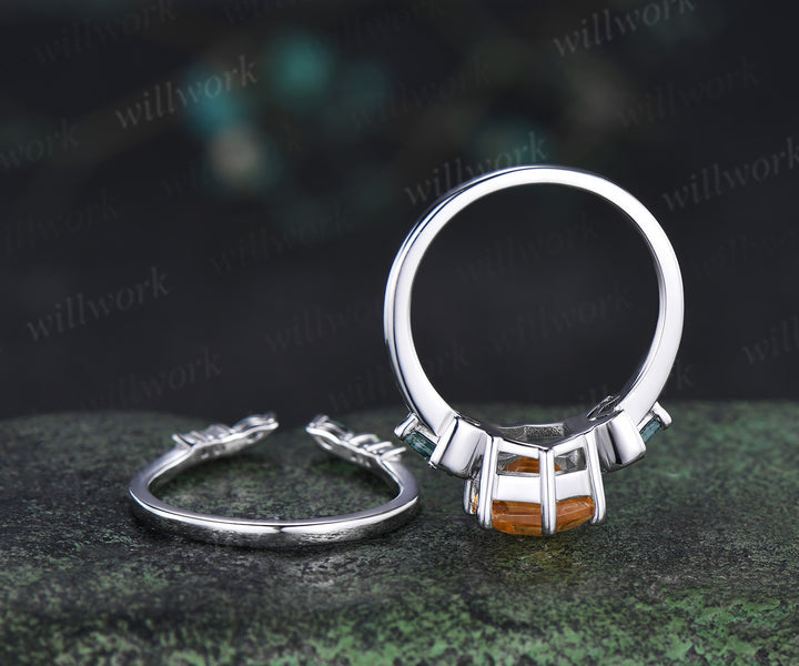 Hexagon cut moss agate engagement ring set three-stone art deco moon kite moss agate ring open gap wedding band