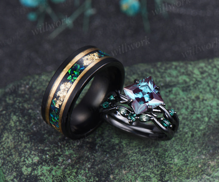 Vintage Princess Cut Alexandrite Twig Leaf Ring Set& Tungsten Black Opals Gold Flakes Men’s Band Couple Ring Set