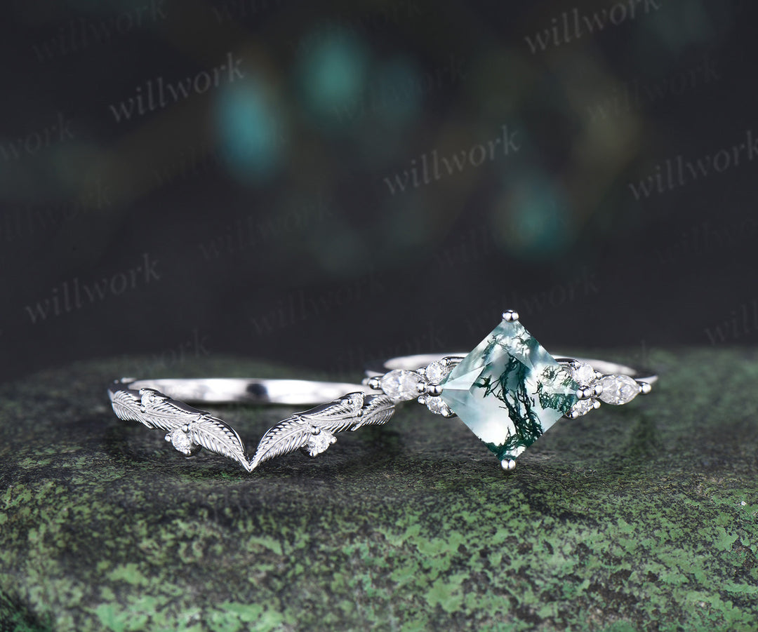 Princess cut natural moss agate engagement ring set moissanite accent leaf matching band unique bridal set