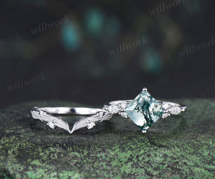 Princess cut natural moss agate engagement ring set moissanite accent leaf matching band unique bridal set