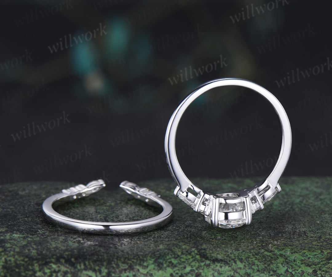 Round cut IGI Lab grown diamond engagement ring set solid 14k 18k white gold seven stone ring open gap wedding band timeless bridal set