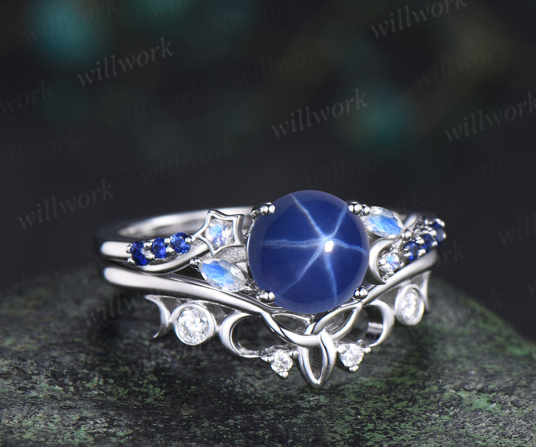 7mm round star sapphire engagement ring set moon star moonstone sapphire ring celtic knot wedding band bridal set