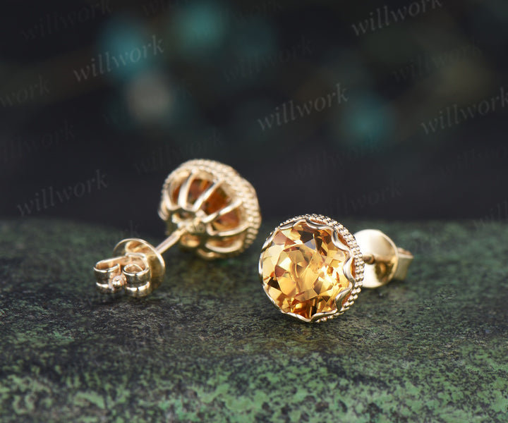 Vintage round citrine stud earrings bezel milgrain elegant earrings November jewelry gifts