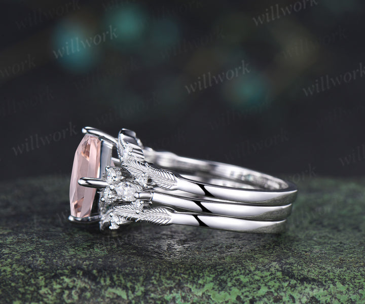 Princess cut natural morganite engagement ring set moissanite accent leaf matching band wedding bridal set