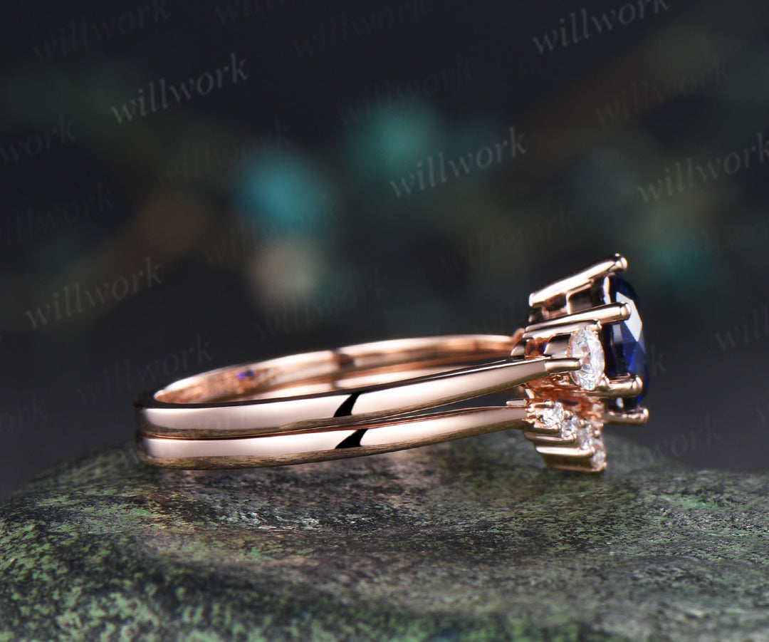Round cut blue sapphire engagement ring set three stone sapphire moissanite promise ring curved wedding band minimalist bridal set