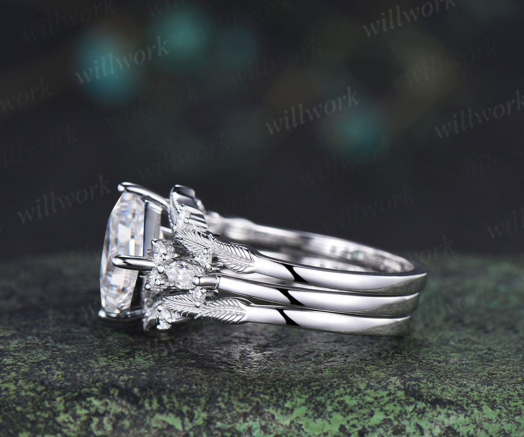 Vintage princess cut Lab grown diamond engagement ring set diamond accent leaf matching ring bridal set