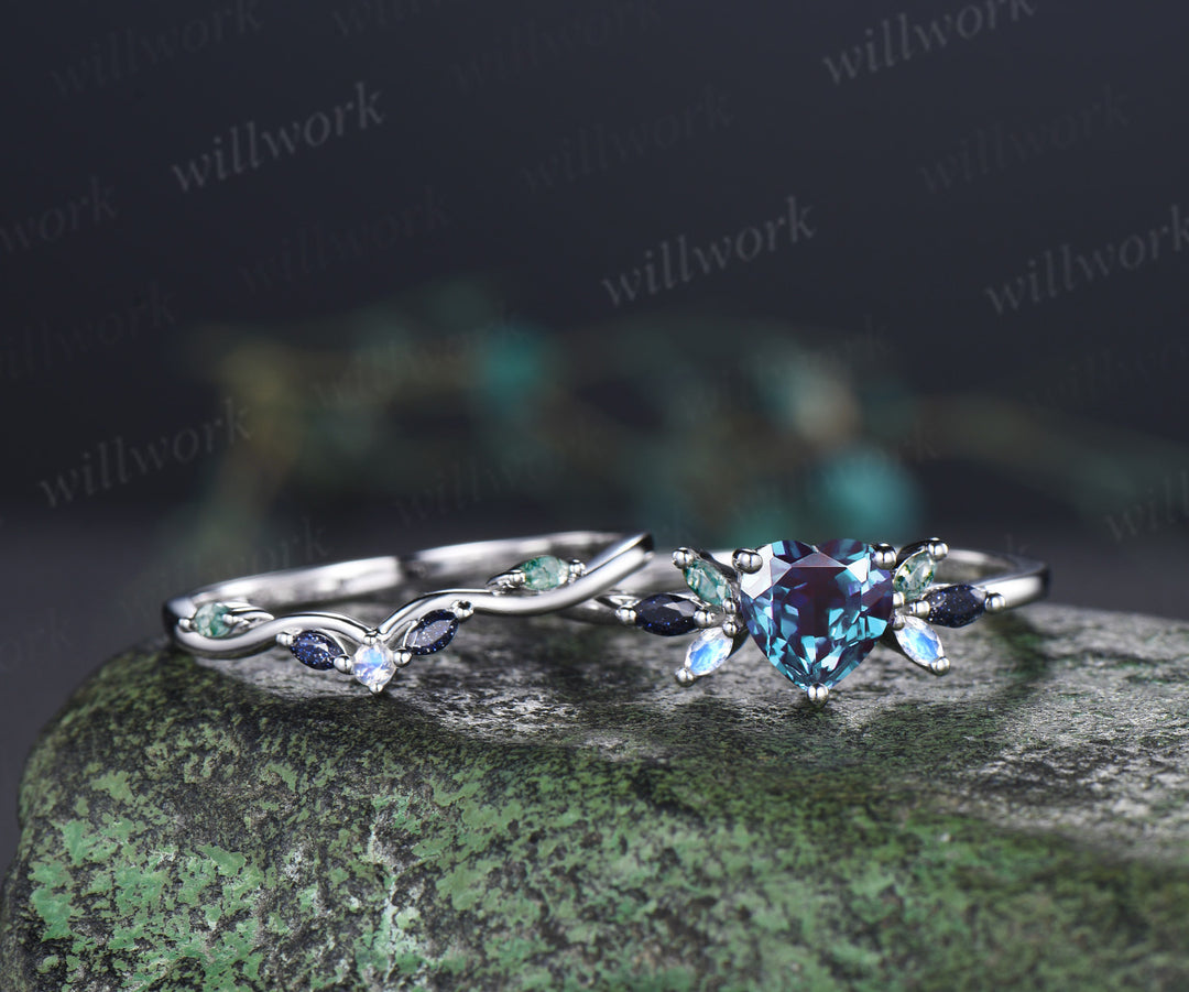 Heart shaped alexandrite ring set vintage blue sandstone moss agate moonstone cluster ring curved matching band bridal set