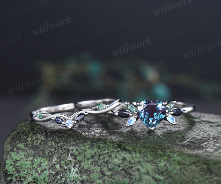 Heart shaped alexandrite ring set vintage blue sandstone moss agate moonstone cluster ring curved matching band bridal set