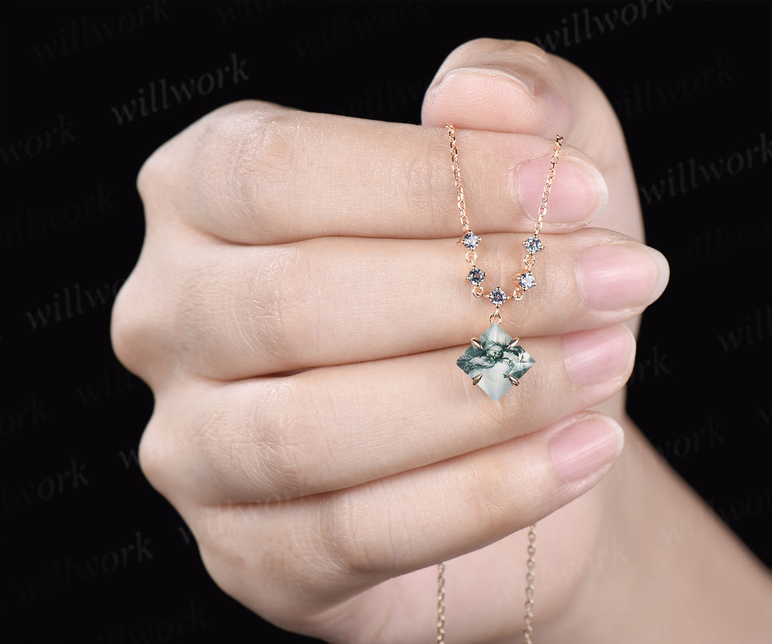 Princess cut moss agate necklace with alexandrite accents unique green gemstone pendant gifts