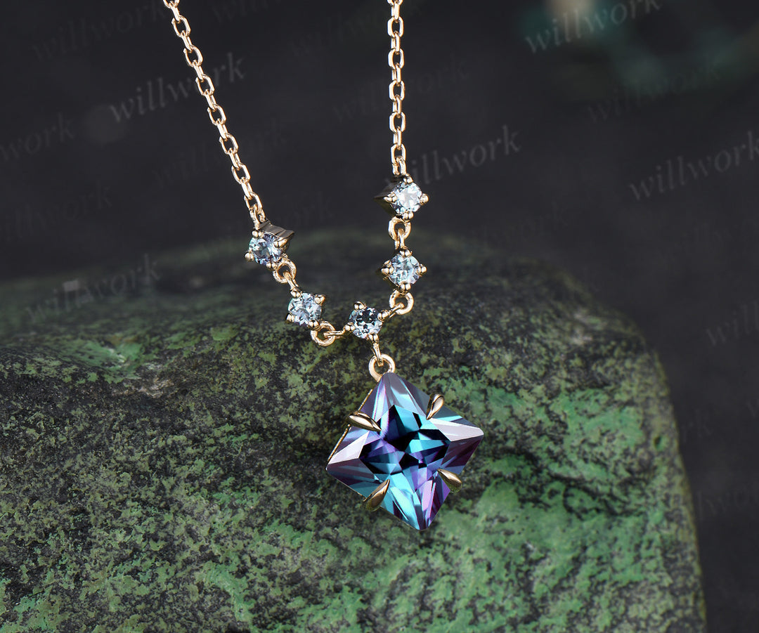 Princess cut alexandrite necklace unique color change gemstone pendant June birthstone gifts for women
