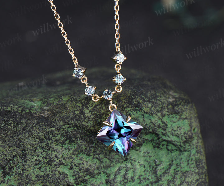Princess cut alexandrite necklace unique color change gemstone pendant June birthstone gifts for women